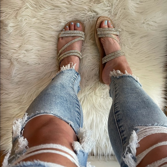 Square Toe Rhinestone Criss Cross Strap Sandals - Picture 6 of 16